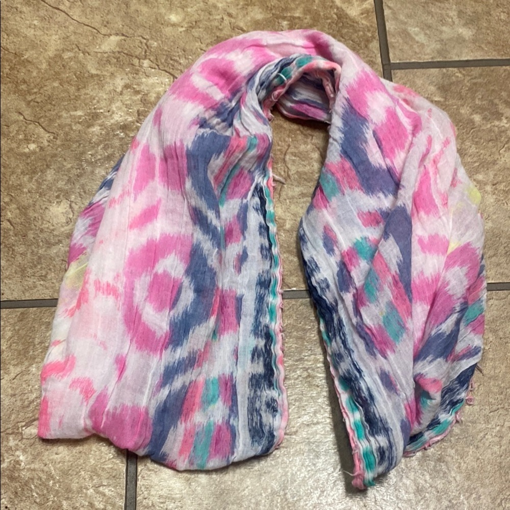 Pink and Blue Watercolor Distressed Scarf with Abstract Pattern Fall Layering